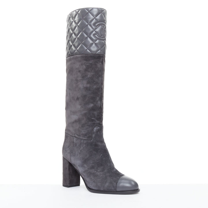 CHANEL 2023 grey suede diamond quilted CC logo block heel boots EU38.5