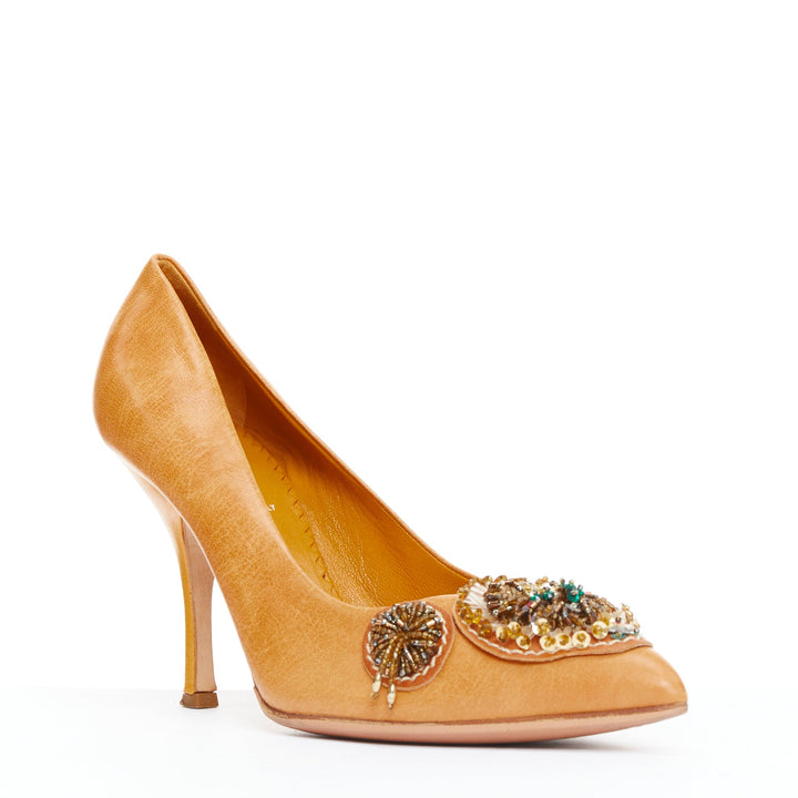 MIU MIU Vintage tan nude bead embellished kitten pumps EU36.5