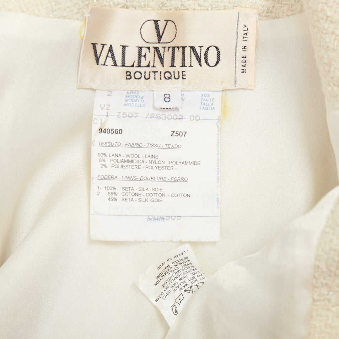 VALENTINO BOUTIQUE Vintage cream wool tweed beaded collar contour bar jacket US8