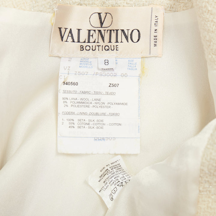 VALENTINO BOUTIQUE Vintage cream wool tweed beaded collar contour bar jacket US8