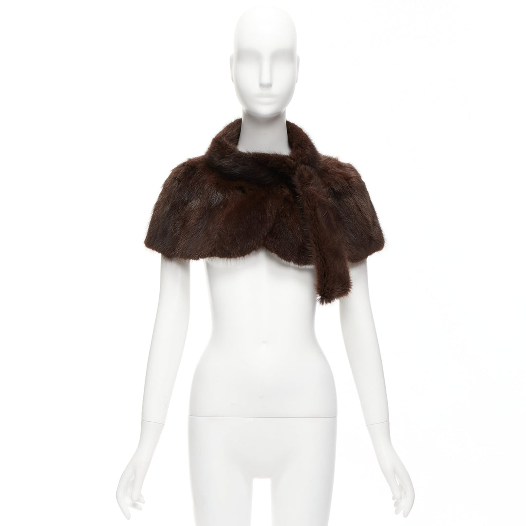MARNI brown genuine fur logo leaf lined loop through capelet stole IT38 XS