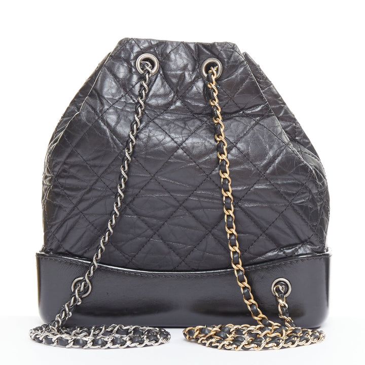 CHANEL 2017 Gabrielle Small black quilted aged calfskin CC chain backpack bag