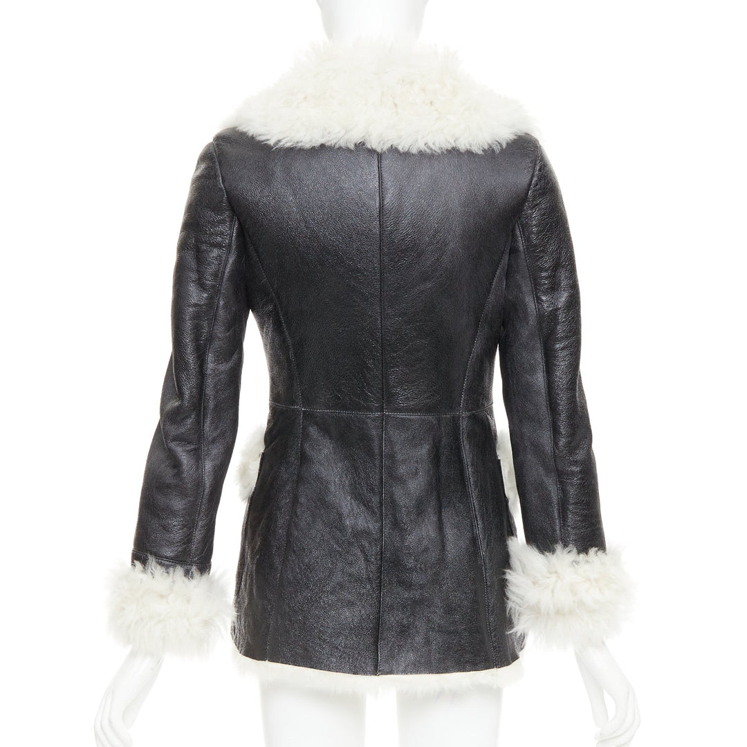 PRADA 2009 Vintage cream sheep fur black leather crystal buttons coat IT36 XXS
