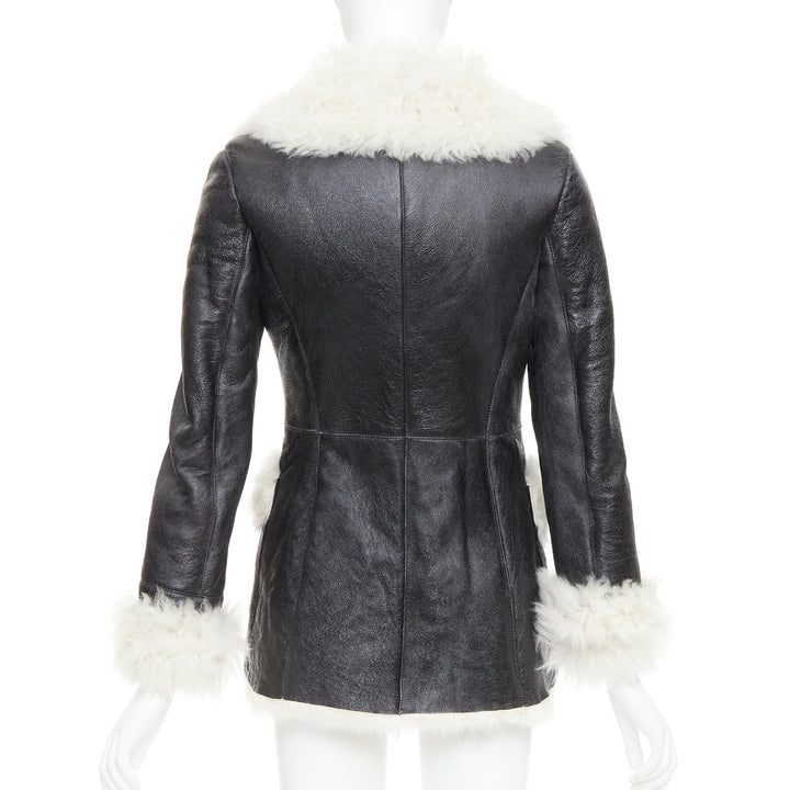 PRADA 2009 Vintage cream sheep fur black leather crystal buttons coat IT36 XXS