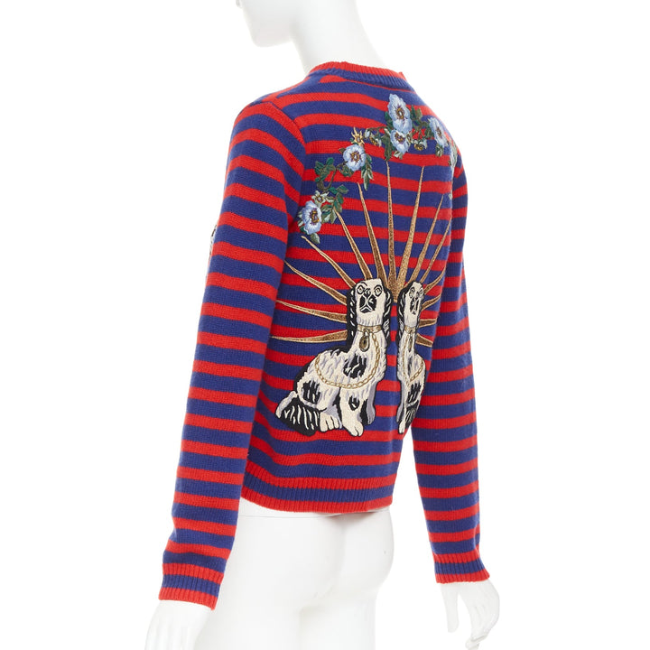 GUCCI 2017 Runway wool red blue stripe Tiger Head intarsia crew sweater XS