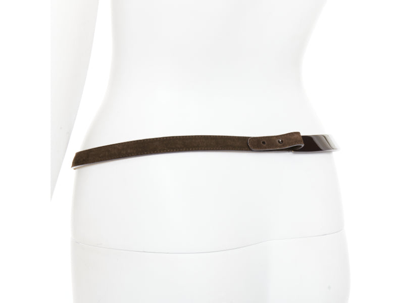 rare GUCCI Tom Ford Vintage metal plate brown suede leather skinny belt 85cm