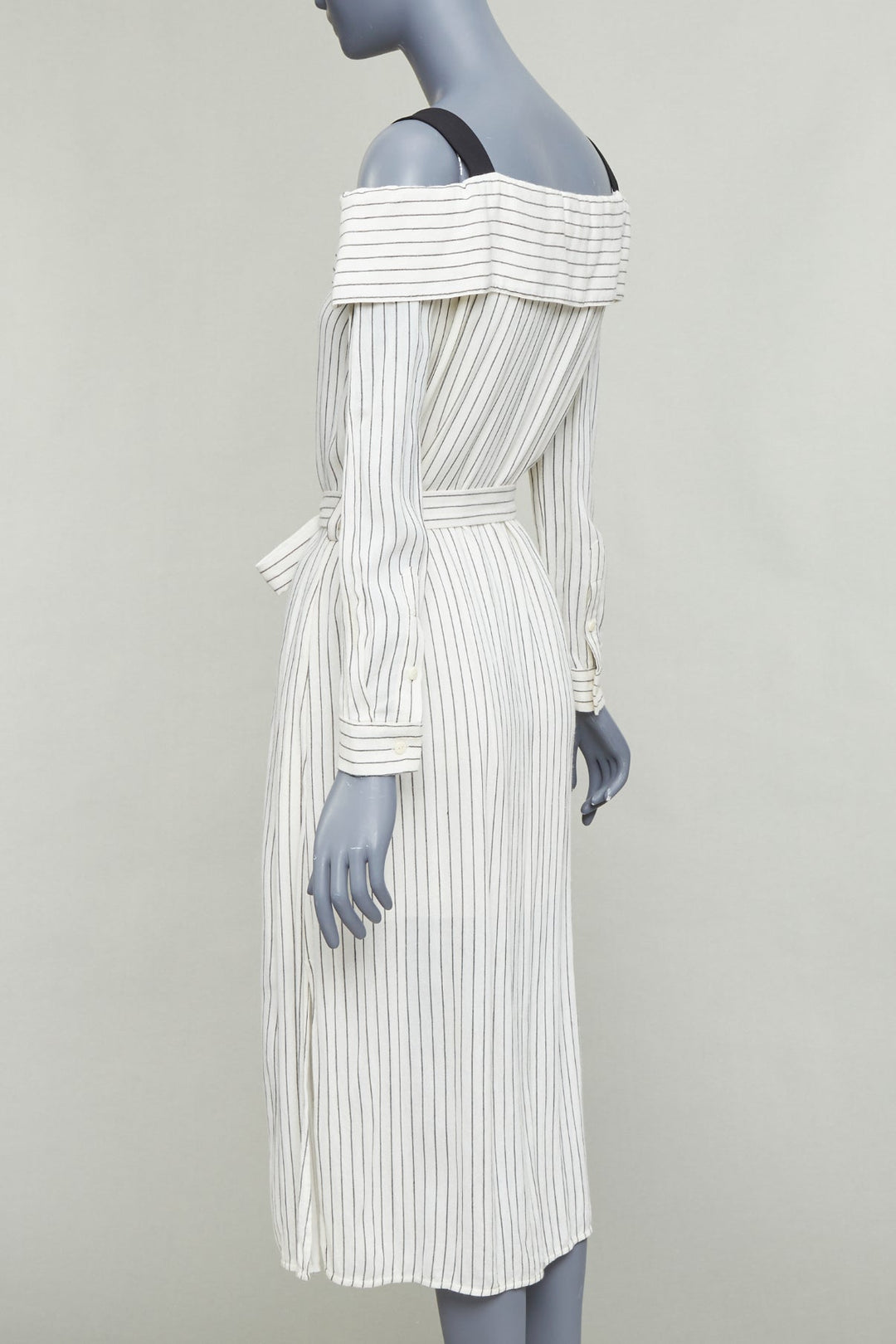TIBI cream grey pinstriped off shoulder black contrast tie waist dress US4 S