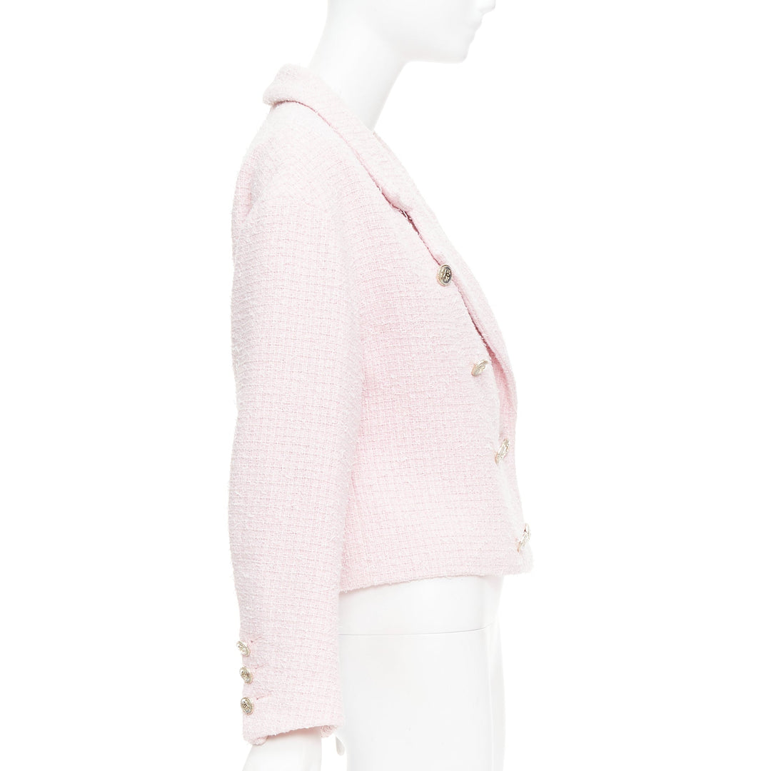 CHANEL 21P pink cotton tweed CC button double breasted cropped jacket FR38 M