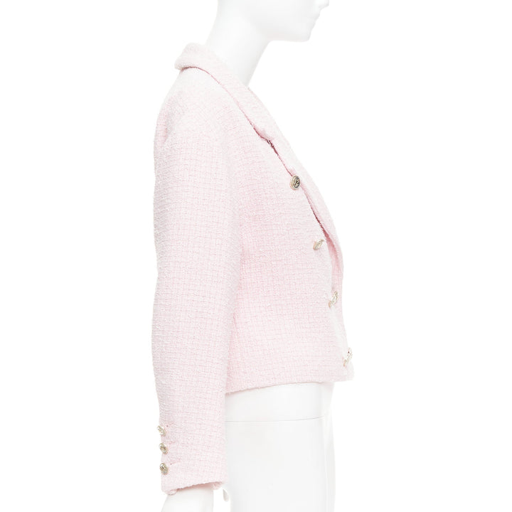 CHANEL 21P pink cotton tweed CC button double breasted cropped jacket FR38 M