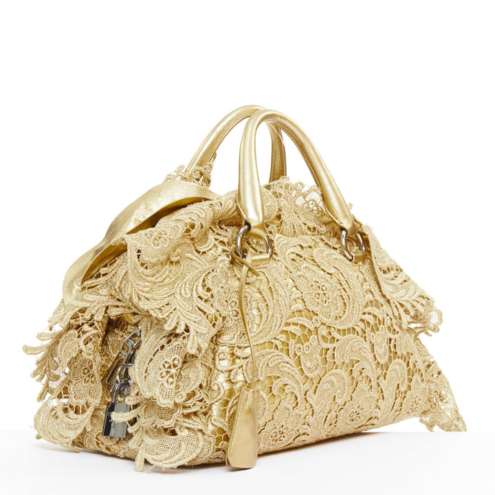 PRADA 2008 Runway Gold Oro Lace Pizzo gold macrame lace bar handle Bowler bag