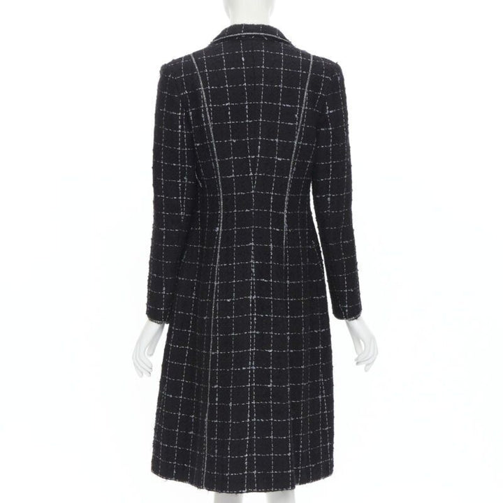 LUISA BECCARIA black silver check glitter tweed embellished long coat IT40 S