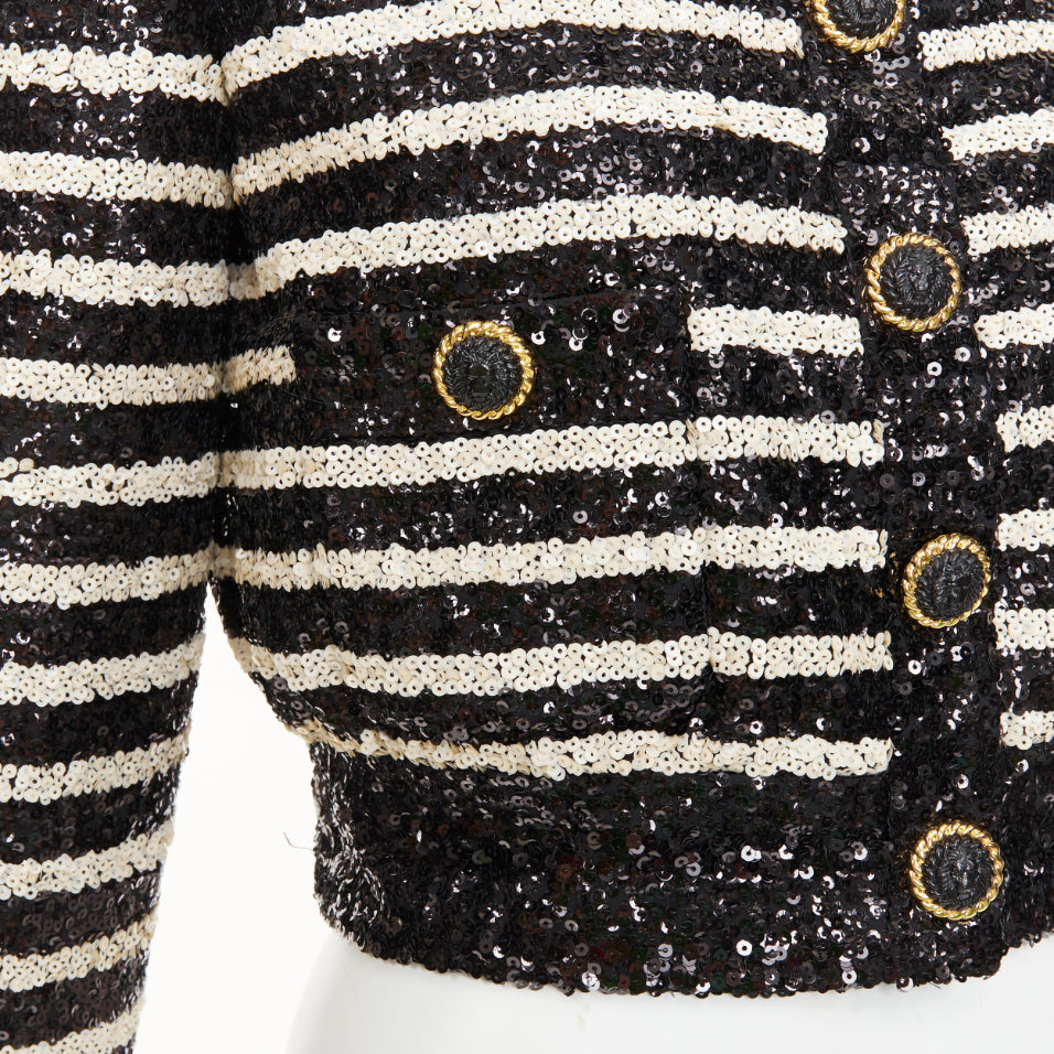 BALMAIN 2024 stripe sequined v neck lion button cropped evening jacket FR34 XS