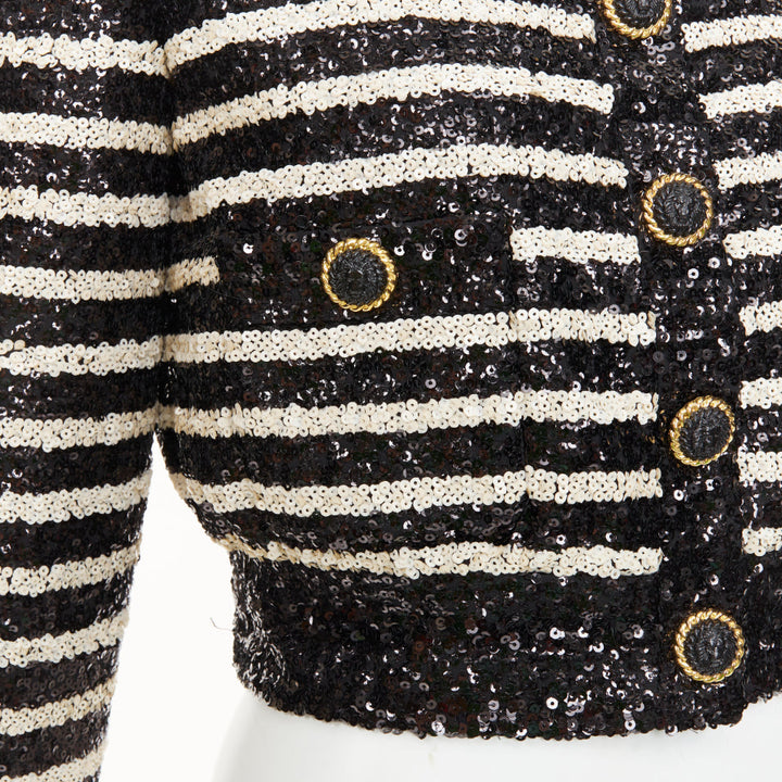 BALMAIN 2024 stripe sequined v neck lion button cropped evening jacket FR34 XS