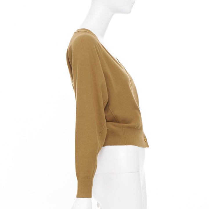 DOROTHEE SCHUMACHER camel brown cotton blend deep v neck cropped cardigan US0 XS