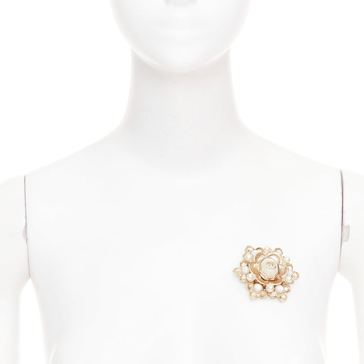 CHANEL B16C gold tone CC faux pearl embellished floral octogon medallion brooch