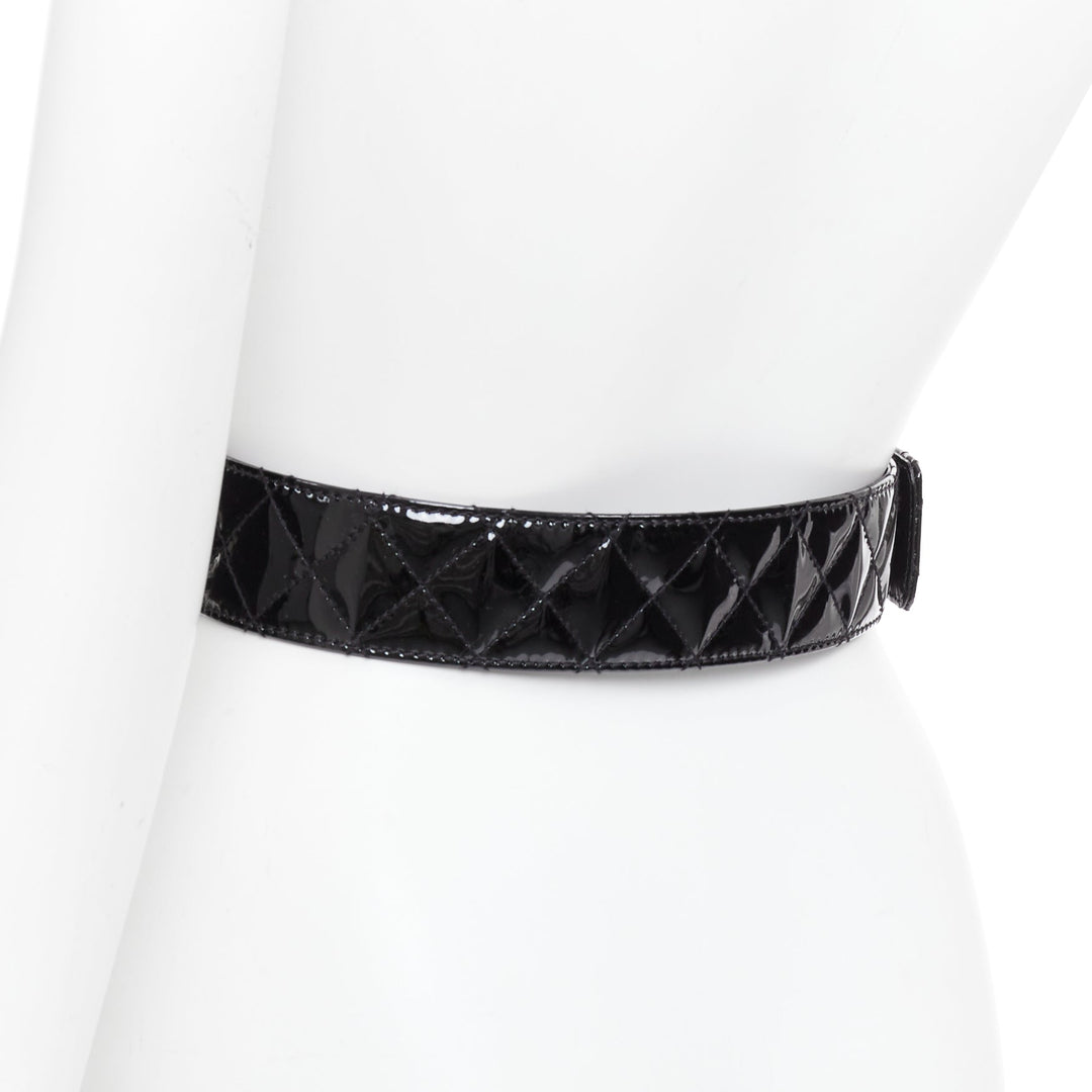 BURBERRY black patent leather diamond quilted rectangular buckle belt 75cm