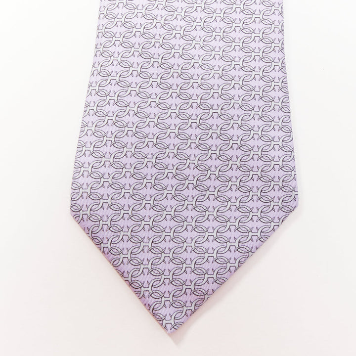 HERMES purple lavender blue 100% silk interlocking horsebit tie