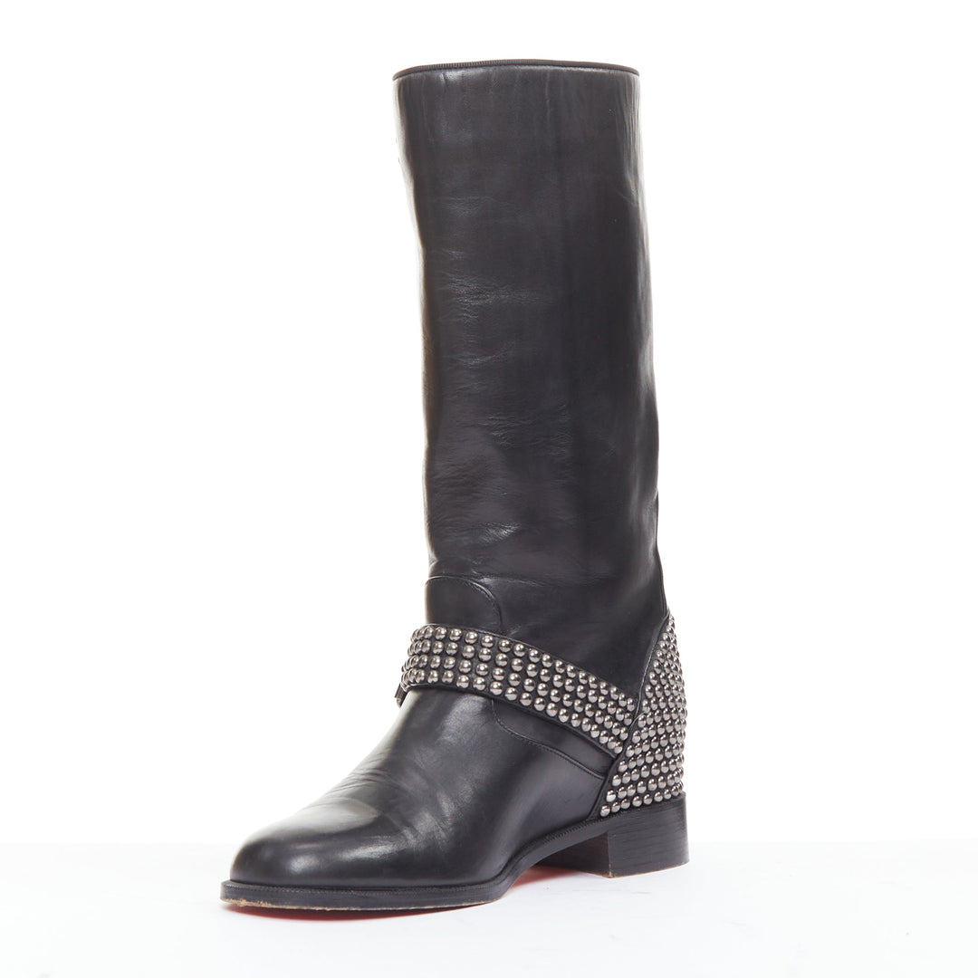 CHRISTIAN LOUBOUTIN Bicloubutu black silver studded moto biker wedged boots EU35
