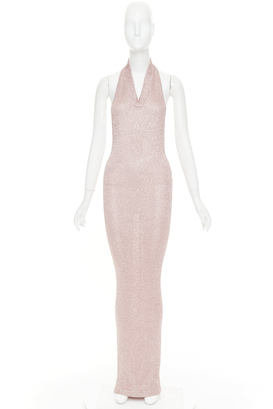 ALEXANDRE VAUTHIER metallic pink sequinned knitted halter backless gown dress