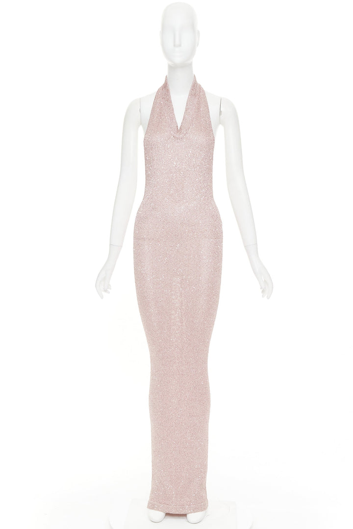 ALEXANDRE VAUTHIER metallic pink sequinned knitted halter backless gown dress