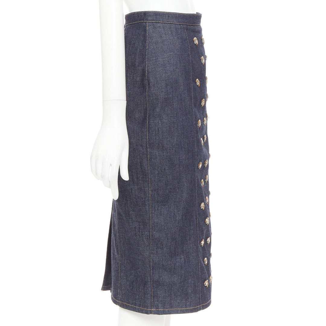 CHRISTIAN DIOR indigo blue denim glass metal bead embellished midi skirt FR36 S
