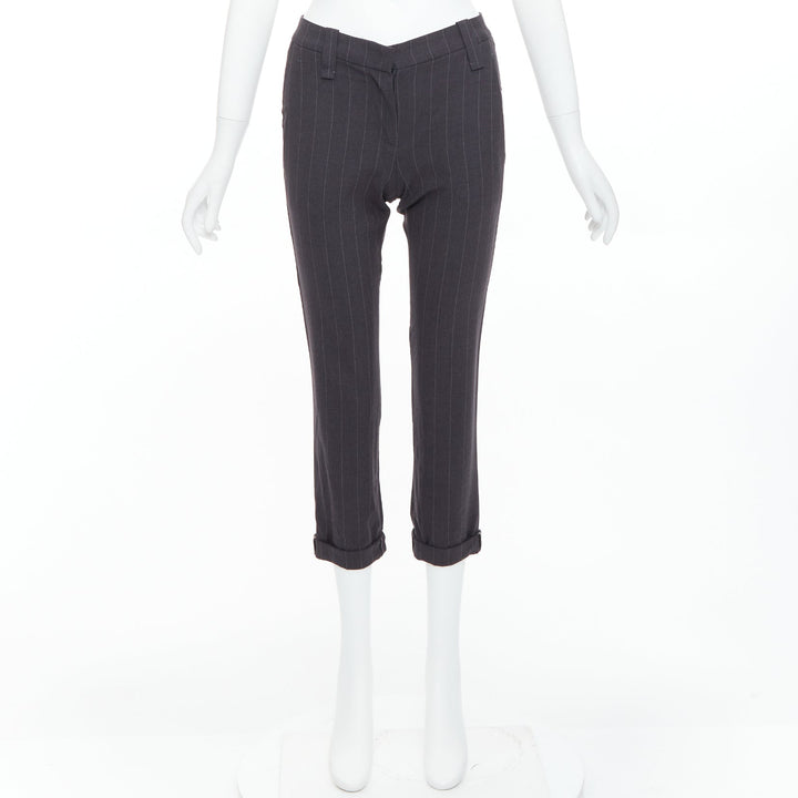 BRUNELLO CUCINELLI grey virgin wool blend pinstripe cuffed crop trousers IT38 XS