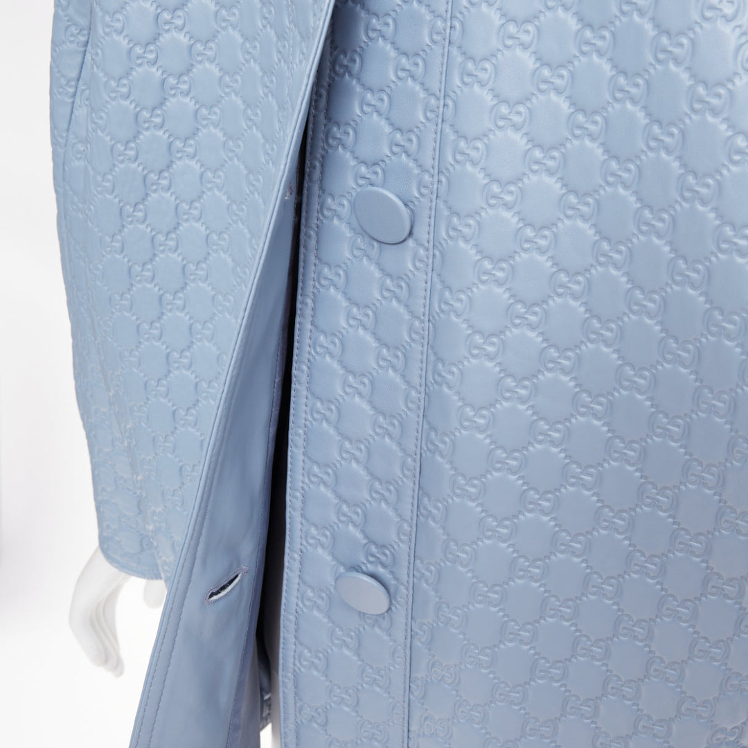 GUCCI 2024 Runway All Over Embossed GG Button Split Back blue leather coat IT38