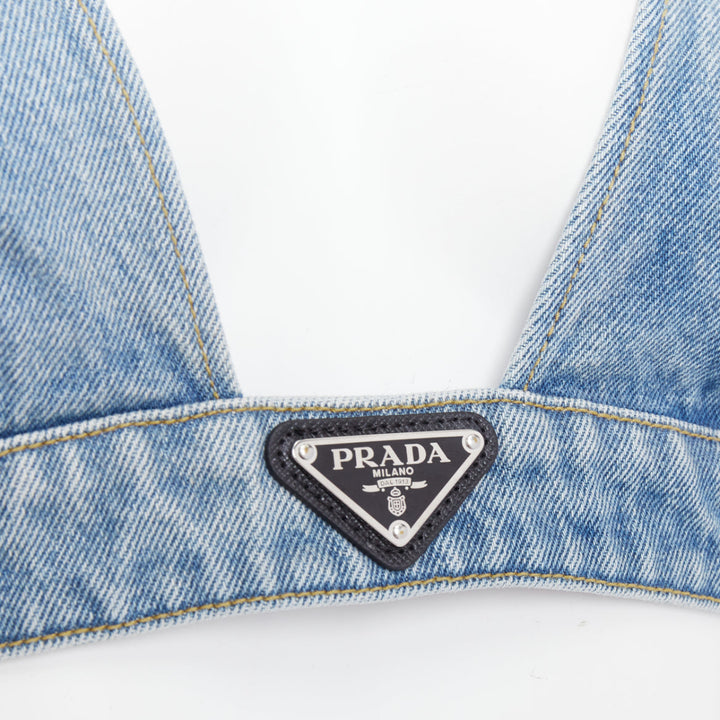 PRADA 2021 Organic Denim Bralette blue washed triangle logo plunge top IT42 M