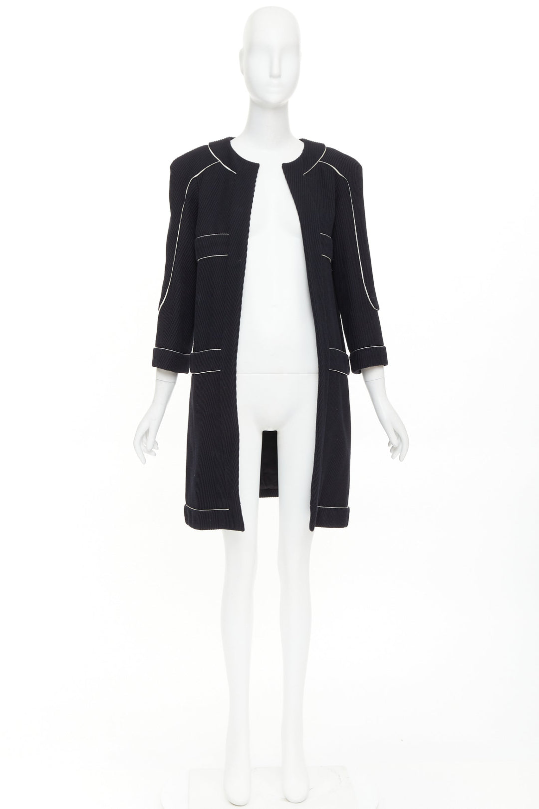 CHANEL 2015 Runway black cotton diagonal corded contrast satin piped coat FR36 S
