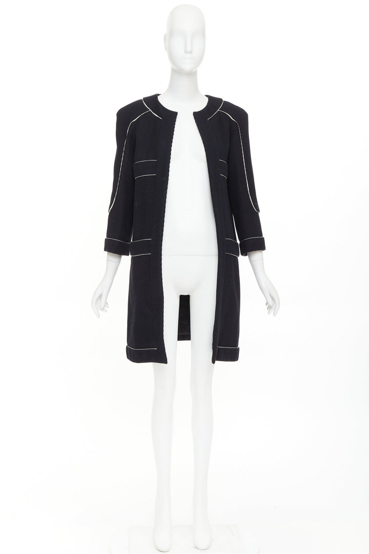 CHANEL 2015 Runway black cotton diagonal corded contrast satin piped coat FR36 S