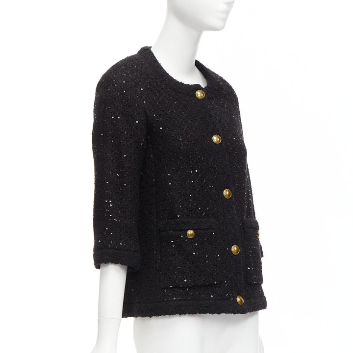 SAINT LAURENT 2021 black wool sequinned tweed gold button jacket FR34 XS