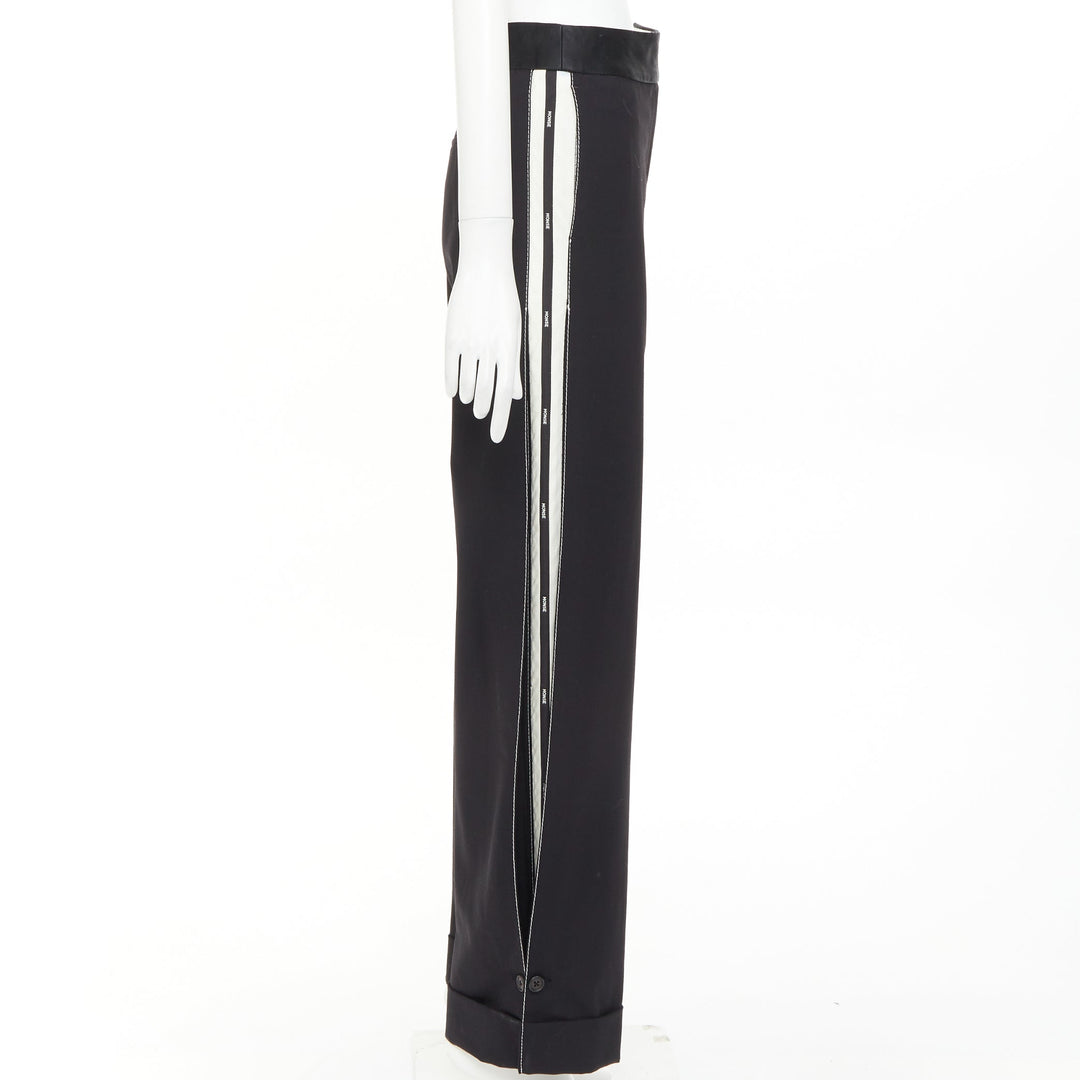 MONSE black virgin wool cream cotton twill logo trim wide leg pants US2 S