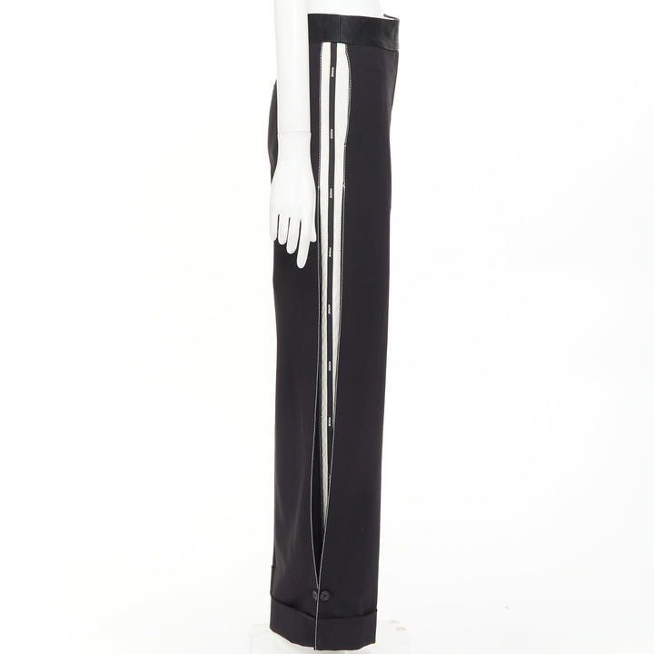 MONSE black virgin wool cream cotton twill logo trim wide leg pants US2 S