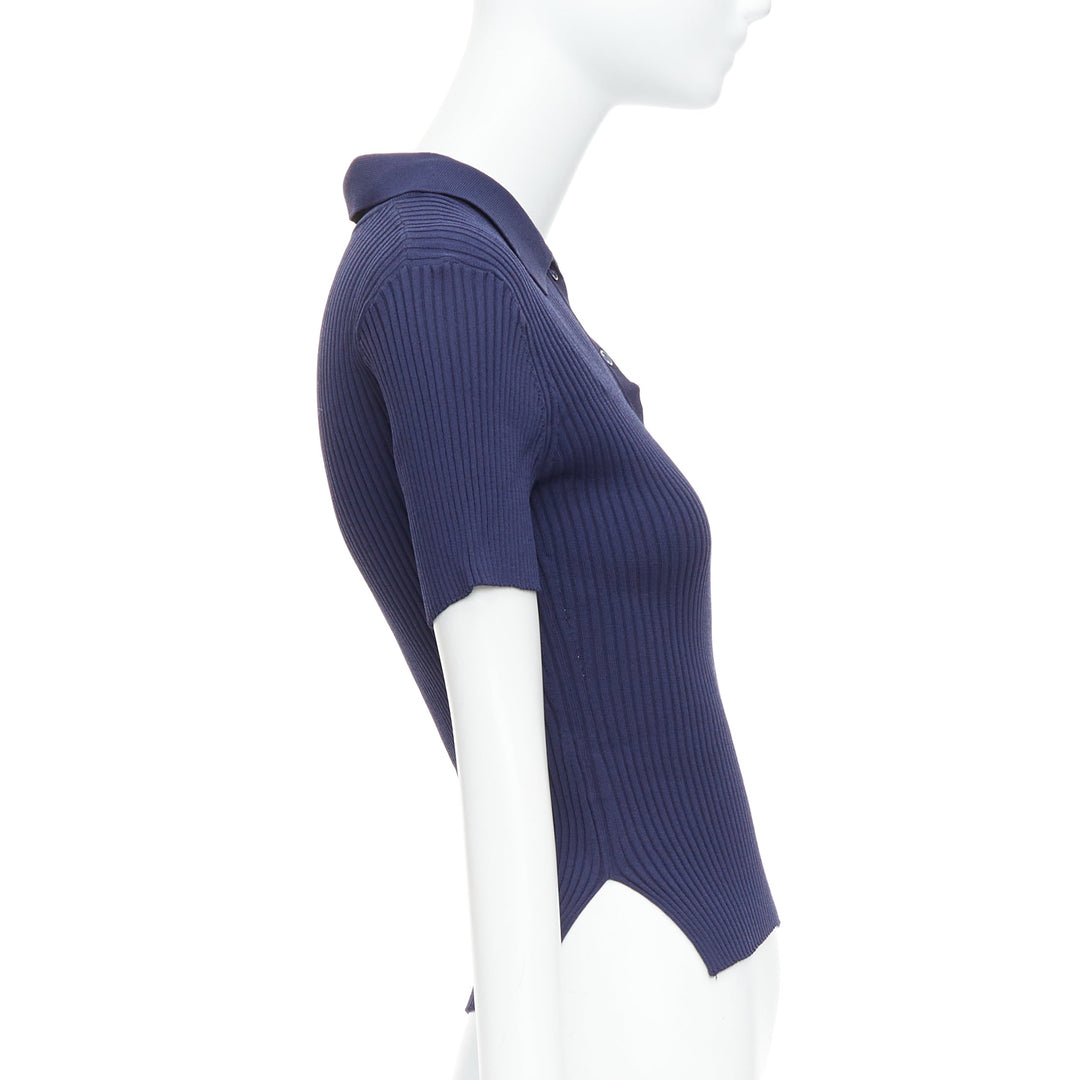 STAUD Brice blue bicolor ribbed side slits fitted polo top M