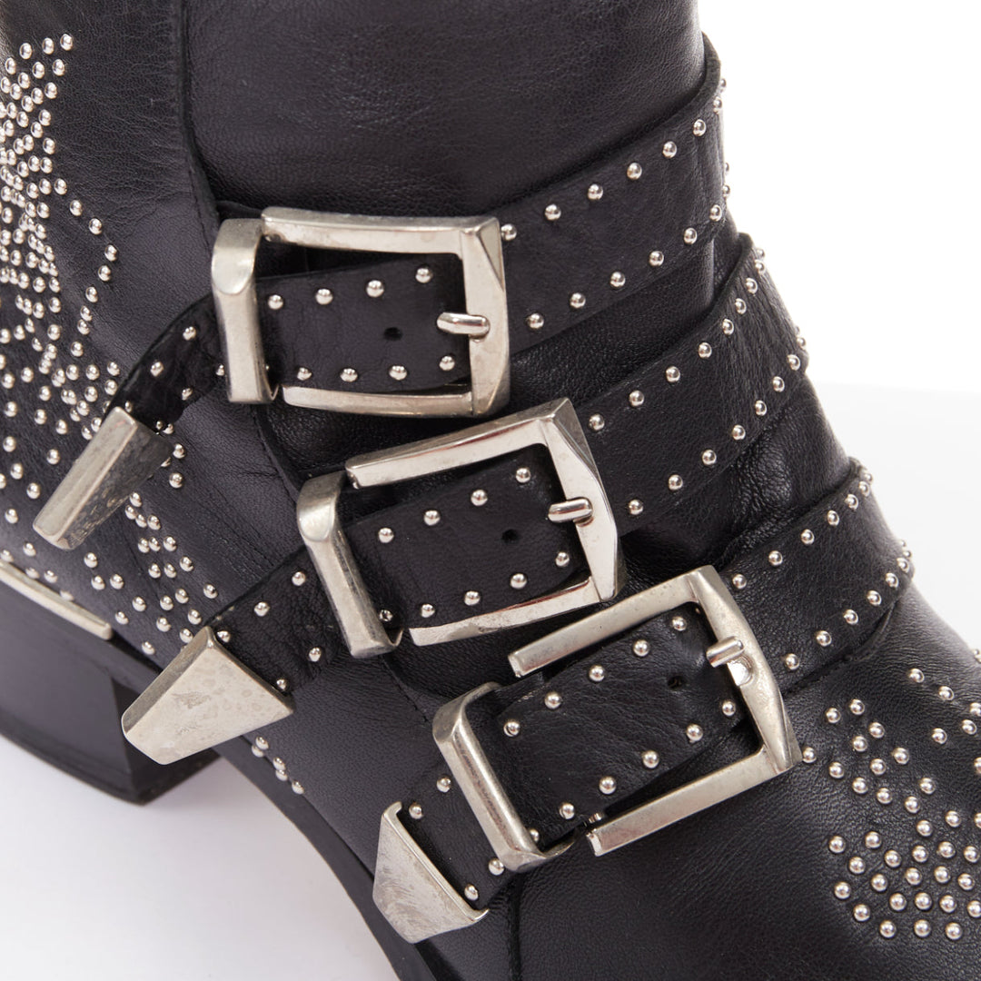 CHLOE Susanna black leather silver floral studded buckle grunge boots EU39.5
