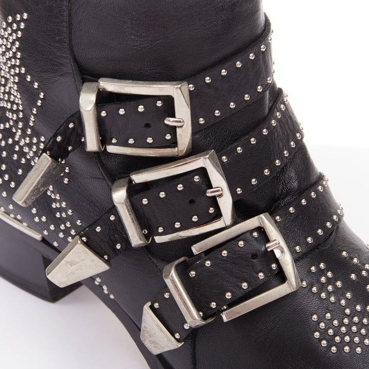 CHLOE Susanna black leather silver floral studded buckle grunge boots EU39.5