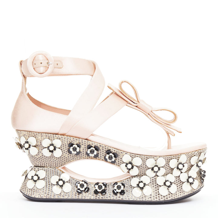 rare PRADA 2013 Runway pink satin floral petal embellished Geisha platform EU36