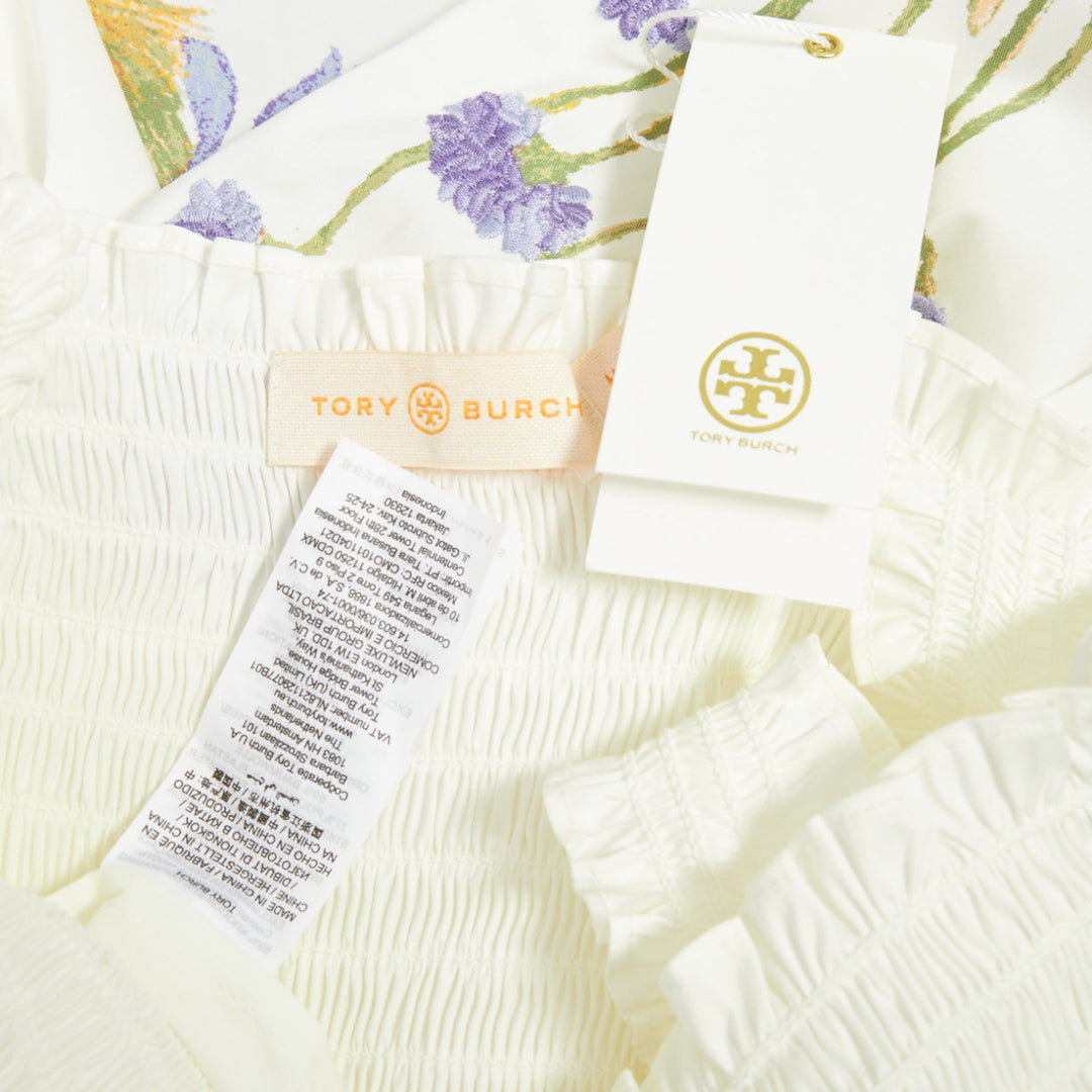 TORY BURCH Embroidered Smocked Midi ivory purple flower embroidery midi dress M