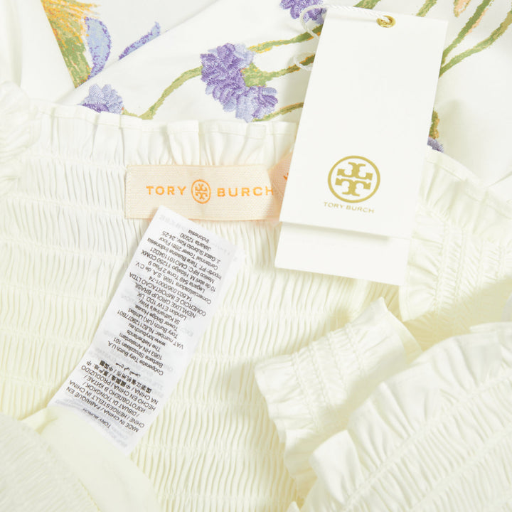 TORY BURCH Embroidered Smocked Midi ivory purple flower embroidery midi dress M