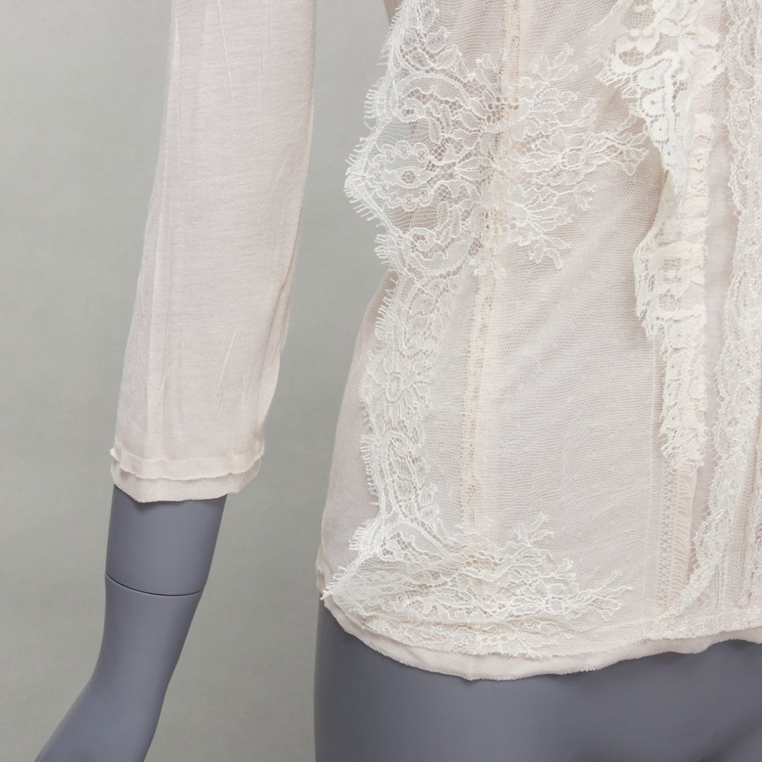 LANVIN off white lace overlay asymmetric cropped 3/4 sleeve top FR32 XXS