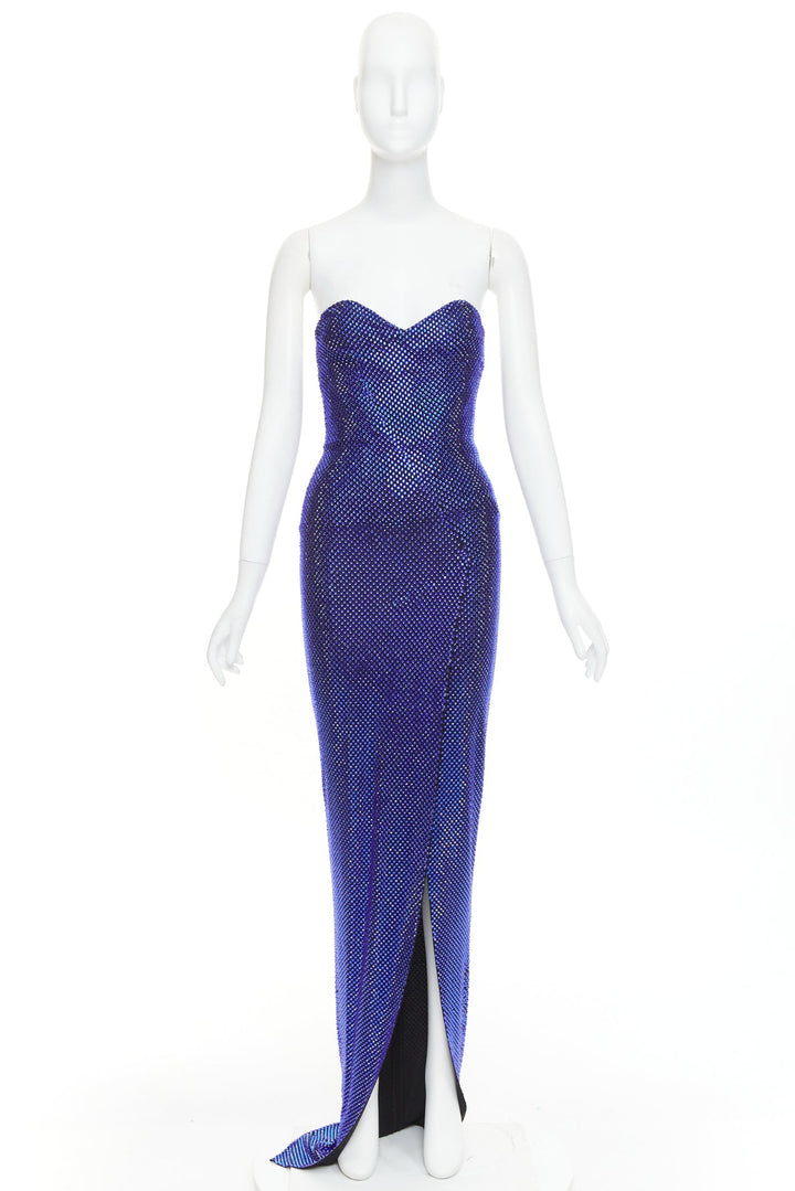 ALEXANDRE VAUTHIER  blue black strass sweetheart bustier high slit gown