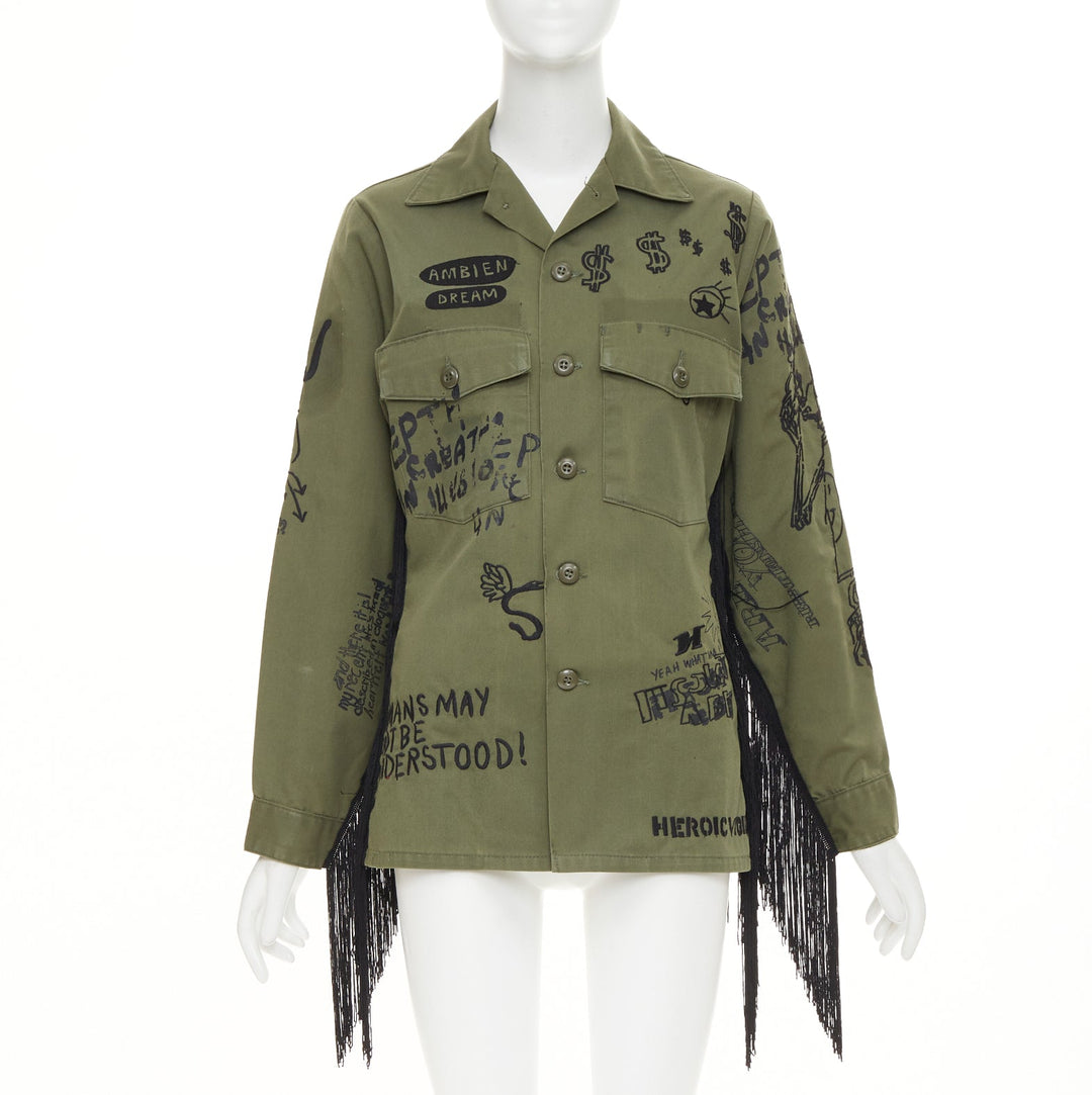 R13 2019 Repurposed Embroidered Surplus Fringe olive military shirt OS