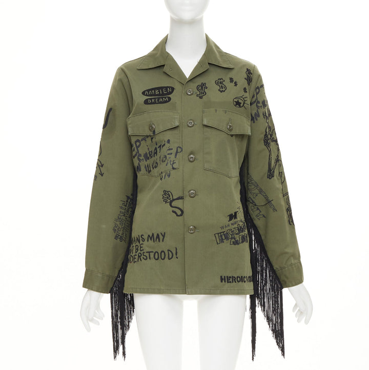 R13 2019 Repurposed Embroidered Surplus Fringe olive military shirt OS