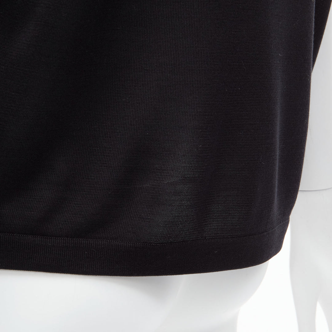 HERMES 100% silk black scarf print cap sleeve bateau neck tshirt top FR36 S