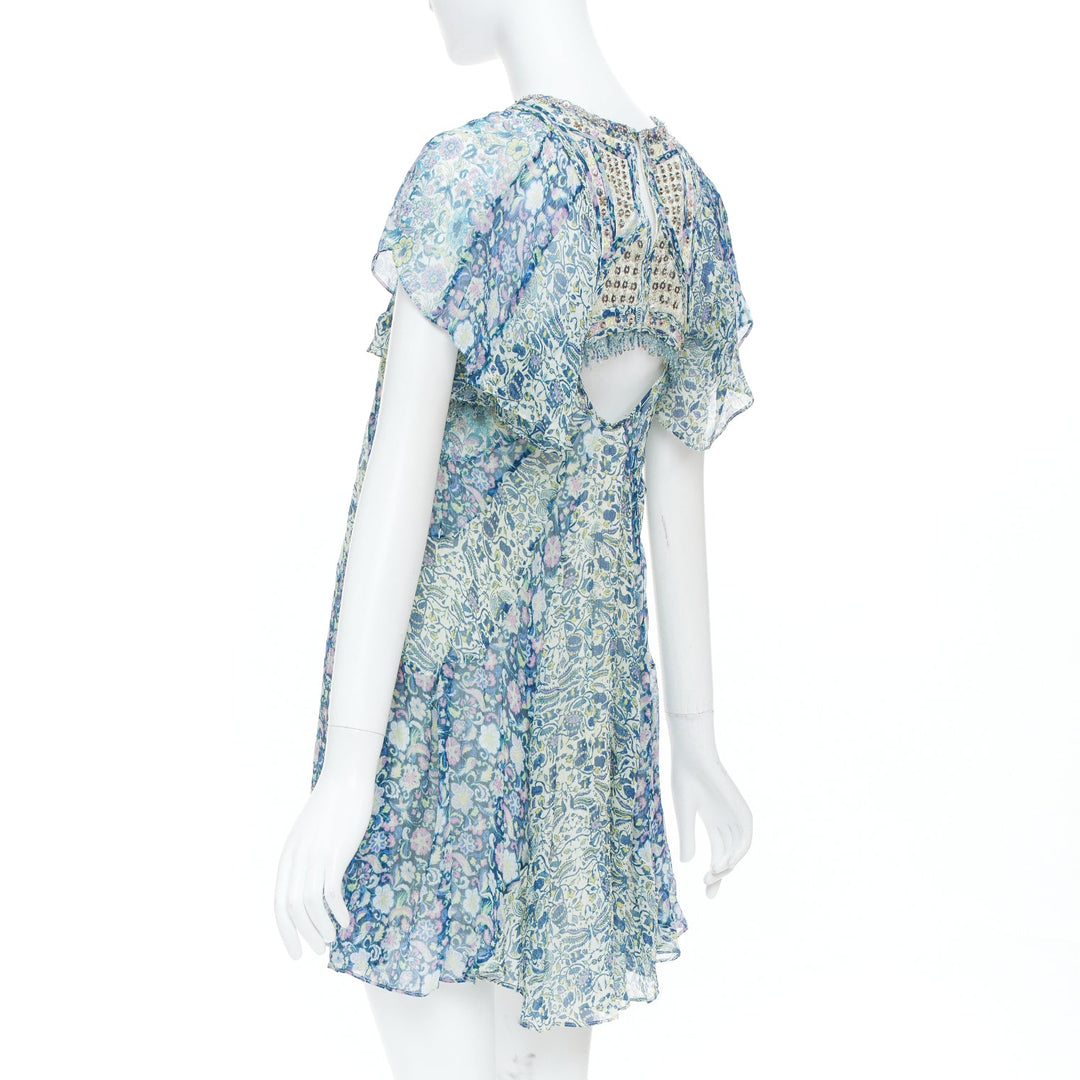 ISABEL MARANT 2023 Runway Odile cutout bead floral print silk dress FR36 S