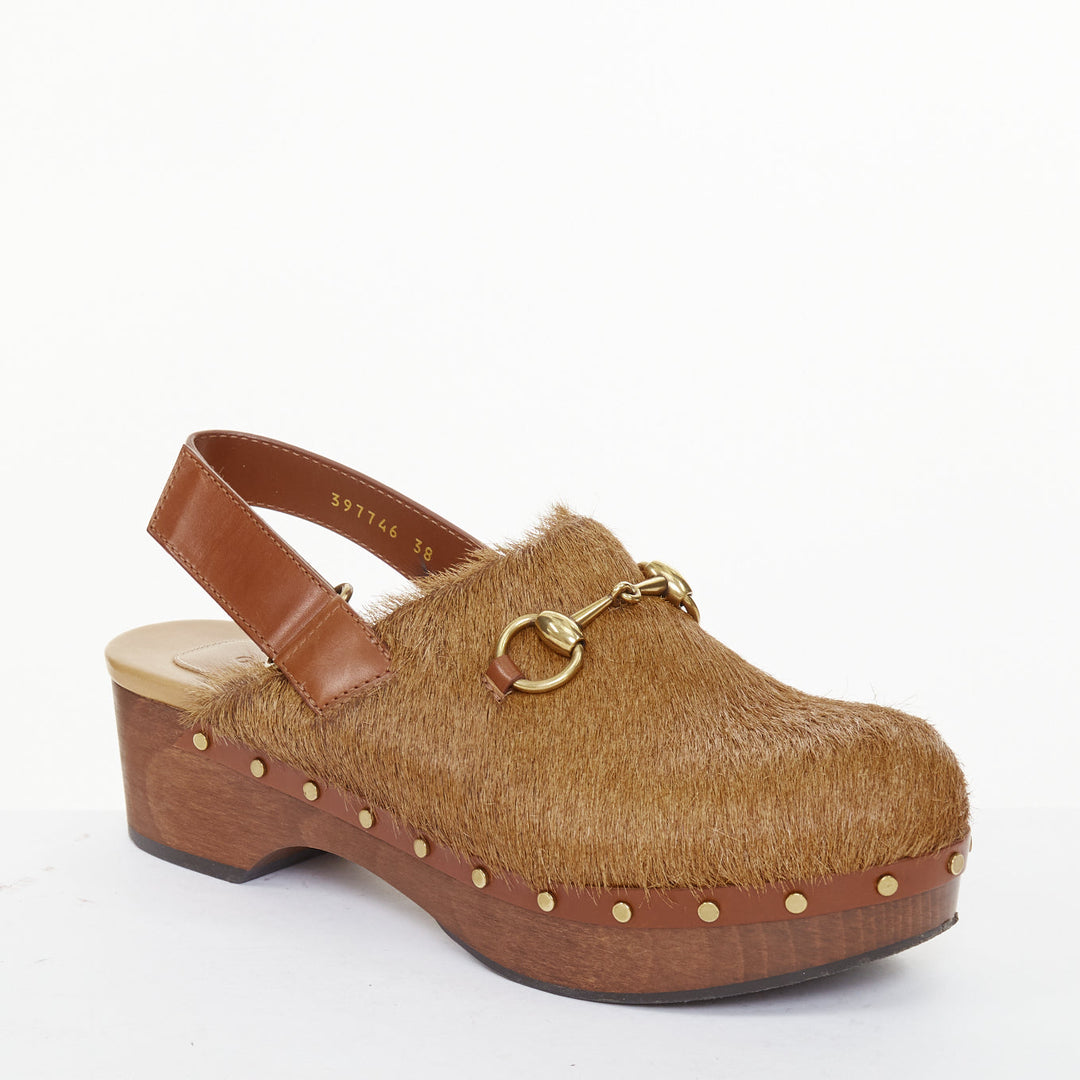 GUCCI 2015 brown calf hair horsebit studded slingback wood clogs EU38