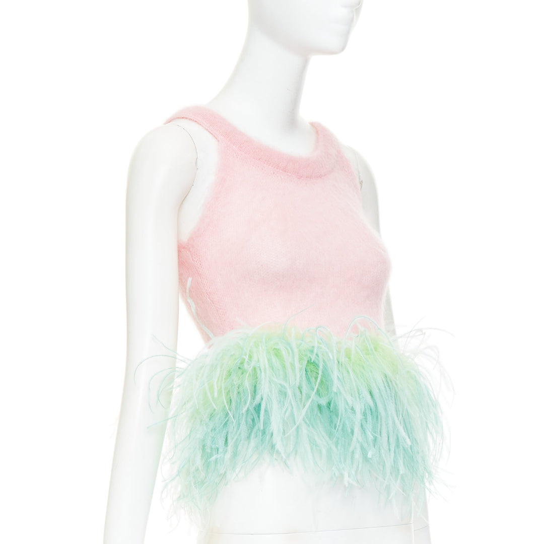 SAINT LAURENT 2022 Runway pink mohair wool green feather hem crop sweater M