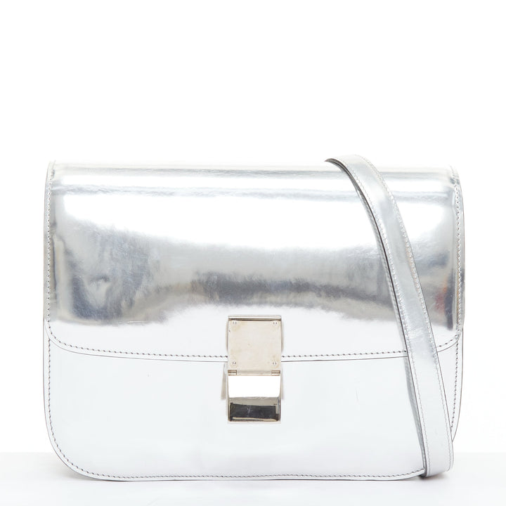 CELINE Classic Box silver mirrored leather push clasp crossbody messenger bag