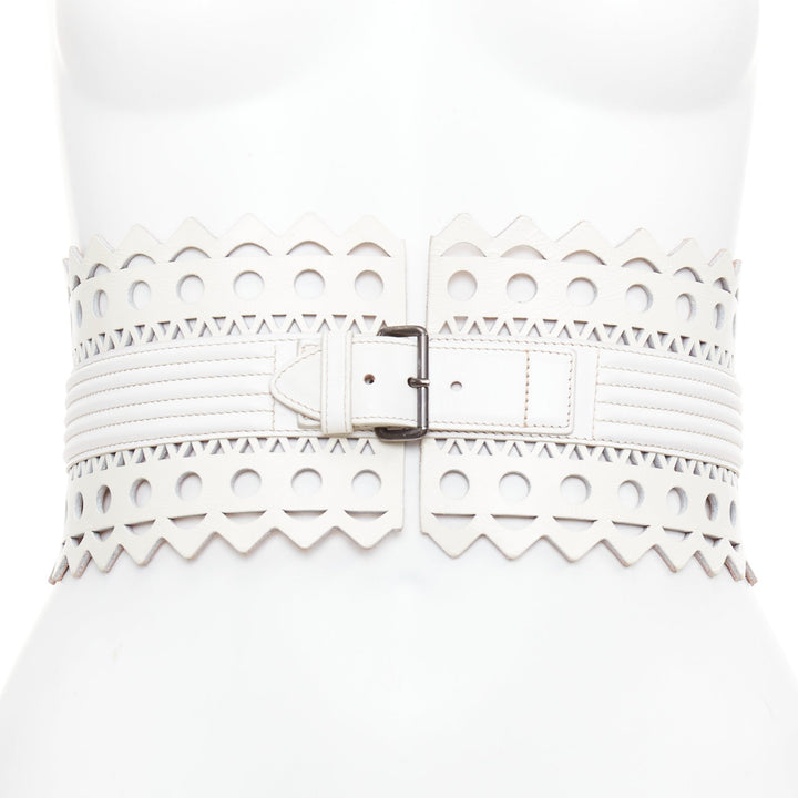 ALAIA Vienne white leather laser cut cinched corset wide belt 65cm
