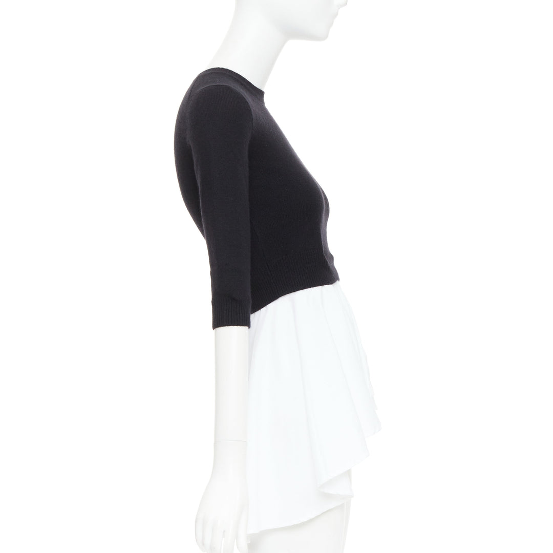 ALEXANDER MCQUEEN black wool cashmere sweater white cotton peplum top XXS